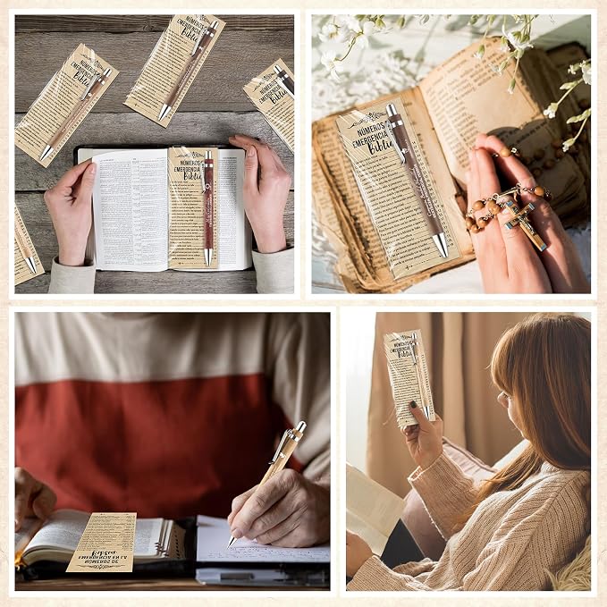 Feifeiya 50 Sets Christian Fathers Day Pens Bulk Bible Verse Religious Ballpoint Bamboo Pens with Bible Verse Emergency Numbers Bookmarks Church Gifts for Women Men Pastor Godfather Teacher (Spanish)