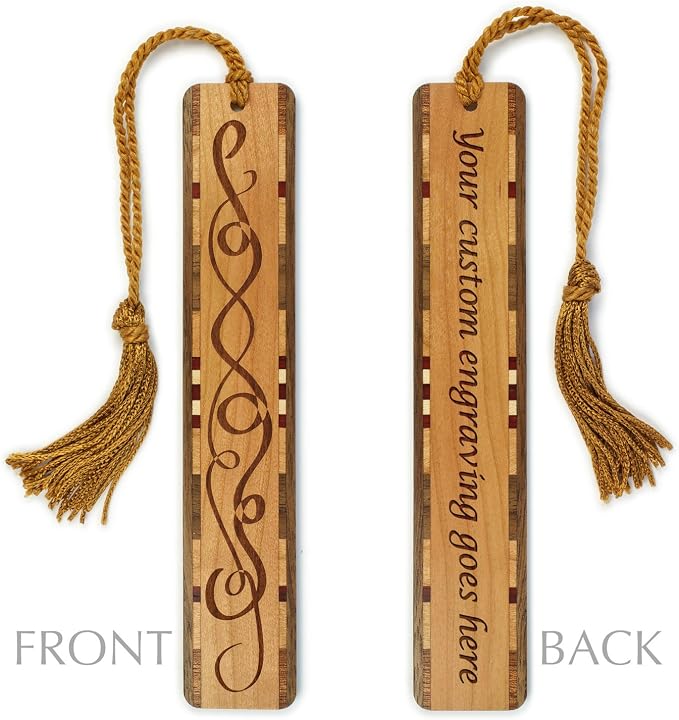 Ribbons Personalized Wooden Bookmark | Custom Engraved Interwoven Ribbon Scrollwork Pattern | Ornamental Gift for Book Lovers, Readers and Librarians | Handmade with Tassel | Made in the USA
