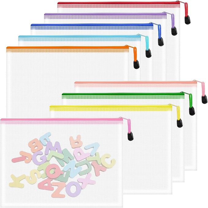 9pcs Mesh Zipper Pouch Bags, B5 Zipper Pouch, Mesh Bags with Zipper, Plastic Zipper Pouches, 9 Colors Zipper Pouches for Organizing, Board Game Storage, Travel, School Office Organize