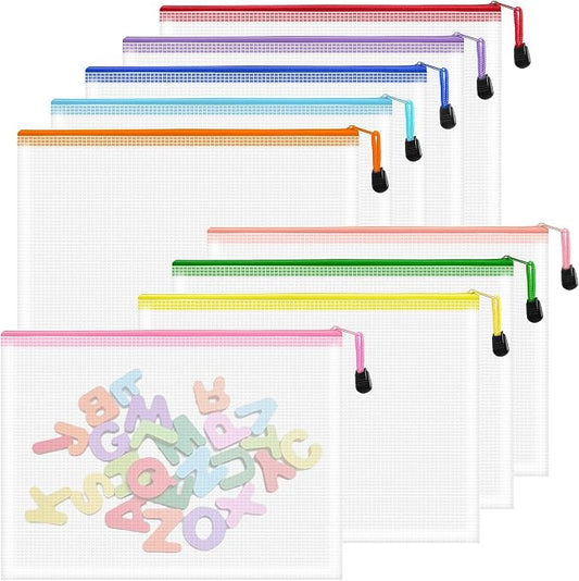 9pcs Mesh Zipper Pouch Bags, B5 Zipper Pouch, Mesh Bags with Zipper, Plastic Zipper Pouches, 9 Colors Zipper Pouches for Organizing, Board Game Storage, Travel, School Office Organize