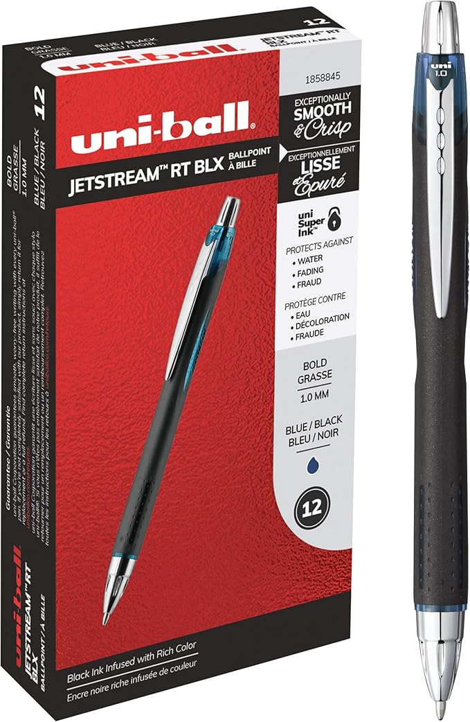 Uni-Ball Jetstream RT BLX 12 Pack, 1.0mm Medium Blue/Black, Wirecutter Best Pen, Ballpoint Pens, Ballpoint Ink Pens | Office Supplies, Ballpoint Pen, Colored Pens, Fine Point, Smooth Writing Pens