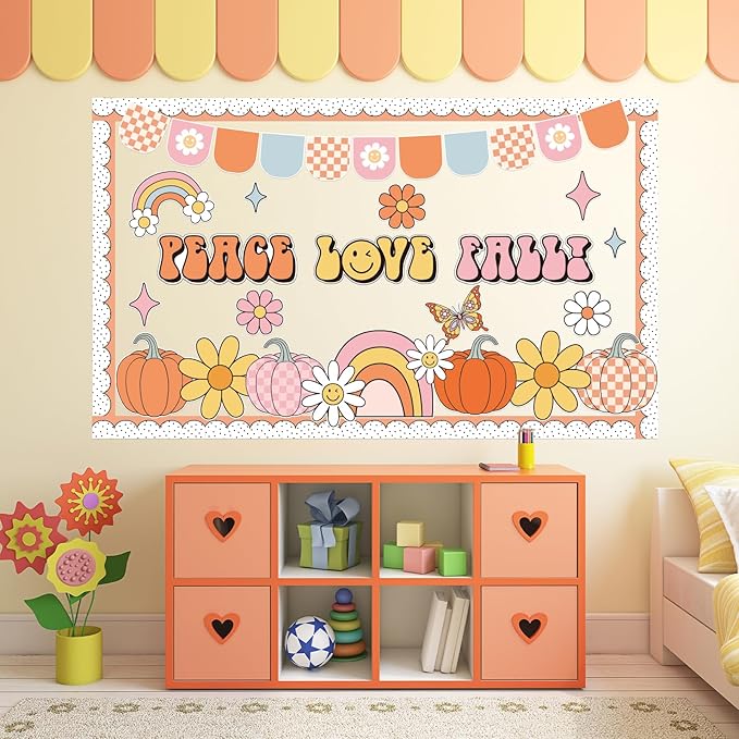 Groovy Thanksgiving Pumpkin Bulletin Board Set Thanksgiving Classroom Bulletin Board Decorations Groovy Peace Love Paper Cutouts Fall Pumpkin Classroom Boarders for School Chalkboard Wall Decor