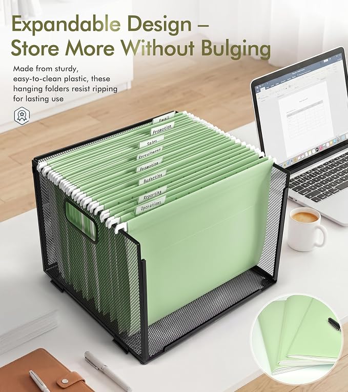 Plastic Hanging File Folders Letter Size, Colored Hanging File Folders with Tabs, Durable Waterproof Plastic Hanging Folders for Filing Cabinets, Office, School & Home Organization (15, Green)