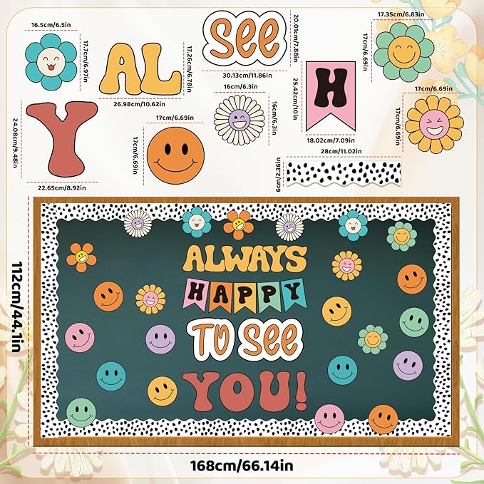 VABAMNA 63 Pcs Groovy Bulletin Board Decorations Set Retro Happy Face Classroom Decor with Black Dots Border Trims for Back to School Classroom Wall Door Decor
