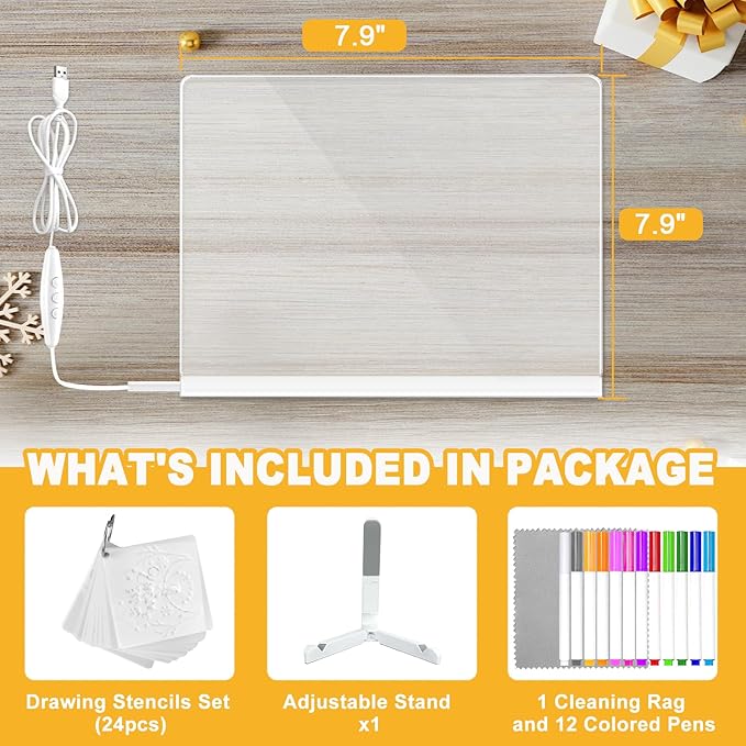 Lumiboard LED Drawing Board, Light Up Acrylic Dry Erase Board with 7 Colors, LED Note Board with Colors, LED Message Writing Board, Adjustable Stand & Drawing Stencils Set Included