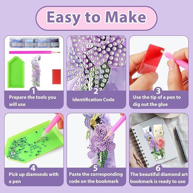 Flower Diamond Art Bookmarks for Adults, 4 PCS Flower Diamond Painting Bookmarks with Pendant, 5d Gem Art, Acrylic Easy DIY Crafts for Books Decor Gift