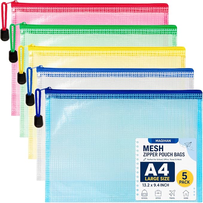 Mesh Zipper Pouch Bags - 5 Pack Large Waterproof Zipper Bags 13.2 x 9.4 Inch Clear Mesh Storage Pouches Assorted Colors for Home, Office, School, Travel, Puzzles, Board Game, Cosmetic, Accessories