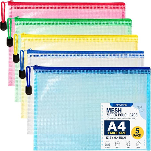 Mesh Zipper Pouch Bags - 5 Pack Large Waterproof Zipper Bags 13.2 x 9.4 Inch Clear Mesh Storage Pouches Assorted Colors for Home, Office, School, Travel, Puzzles, Board Game, Cosmetic, Accessories