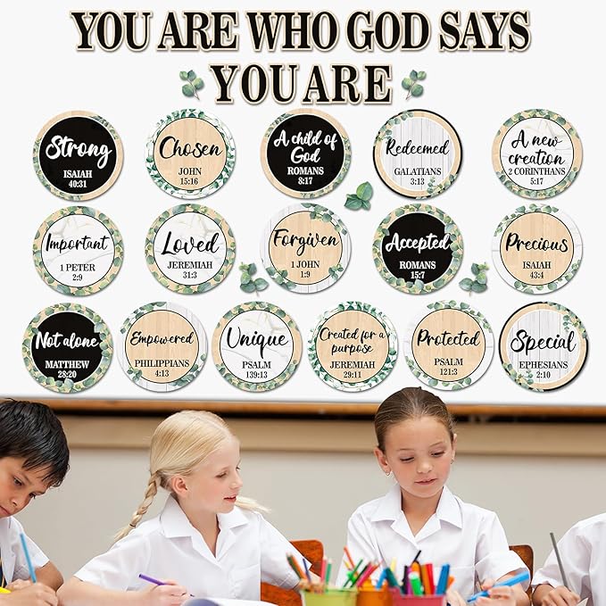 Qyeahkj Christian Bulletin Board Decoration Greenery God Says You are Religious Classroom Wall Decor Eucalyptus Motivational Quote Cutout Christmas Bulletin Board Set for Sunday School Home Church