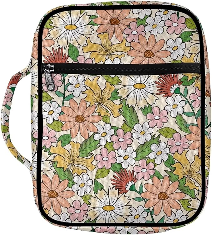 Coldinair Flower Bible Cover for Women Daisy Floral Book Case Tote Bags Hippie Floral Polyester Church Bible Protective with Handle and Zippered Pocket Carrying Book Case