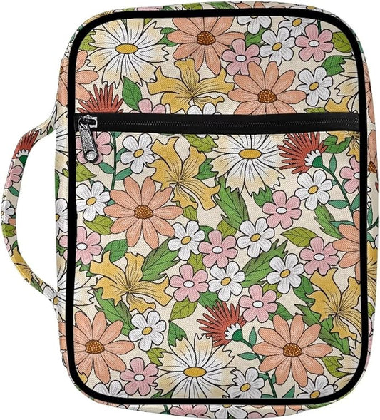 Coldinair Flower Bible Cover for Women Daisy Floral Book Case Tote Bags Hippie Floral Polyester Church Bible Protective with Handle and Zippered Pocket Carrying Book Case