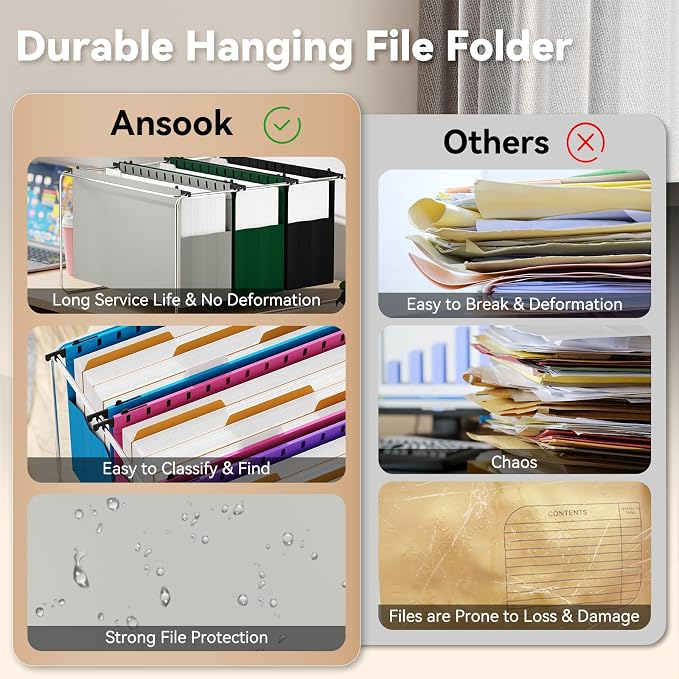 Ansook Legal Size Hanging File Folders Extra Capacity, Expandable 4" Legal Size File Folders with 1/5 Tabs, Plastic Filling Cabniet Folders Designed for Legal and Law Office File Organization - 6 Pack