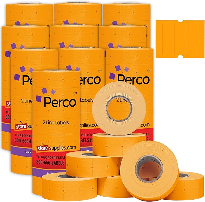 Perco 2 Line Fluorescent Orange Labels - 80 Rolls, 10 Sleeves, 80,000 Blank Price and Date Gun Labels for Perco 2 Line Price and Date Guns - Made in USA