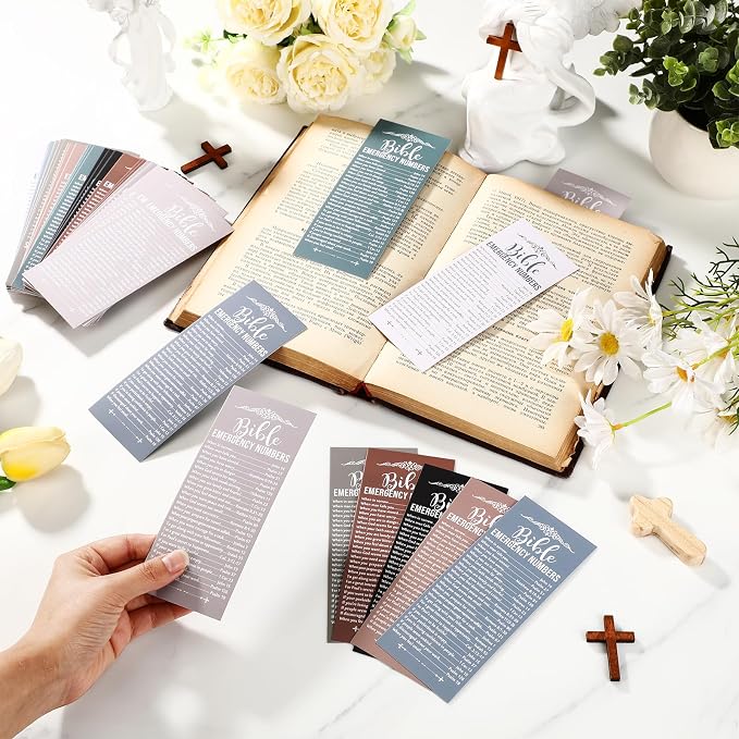 Motiskyy 100 Pcs Christian Bible Verse Emergency Numbers Bookmark Christian Church Gift 2.36 x 6'' Religious Books of The Bible Bookmark for Women Men Catholic Retreat Sunday School(Morandi)