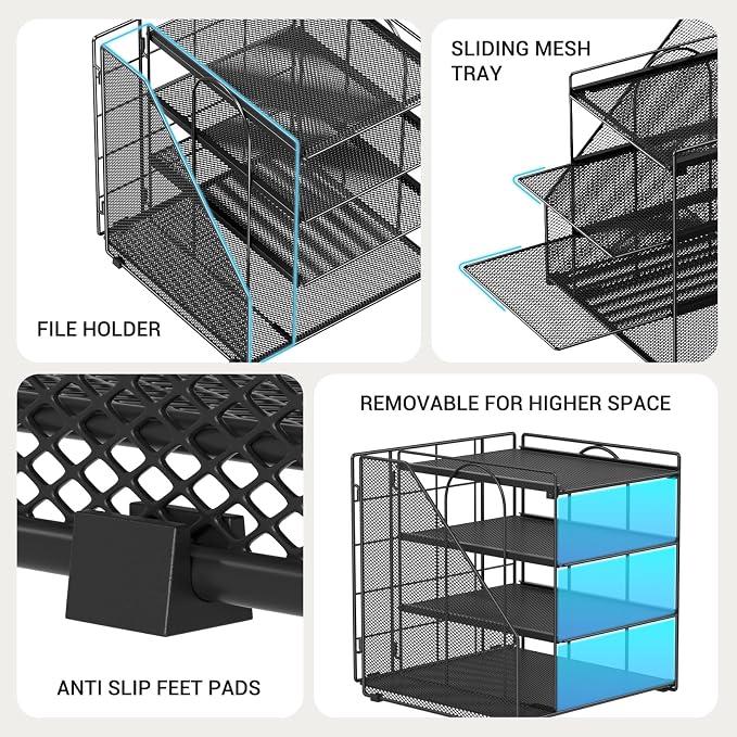 Desk Organizer, 4-Tier Metal File Organizer for Desk with Vertical File Holder, Office Accessories and Desktop Storage for Office Supplies (Black)