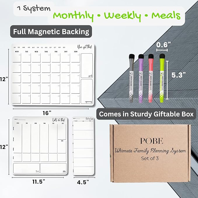 Magnetic Dry Erase Calendar for Fridge – 3 Pack Monthly Whiteboard Meal Planning Board w/4 Markers – Daily Task, Weekly Planner & Schedule Board for Refrigerator, Kitchen & Office Use