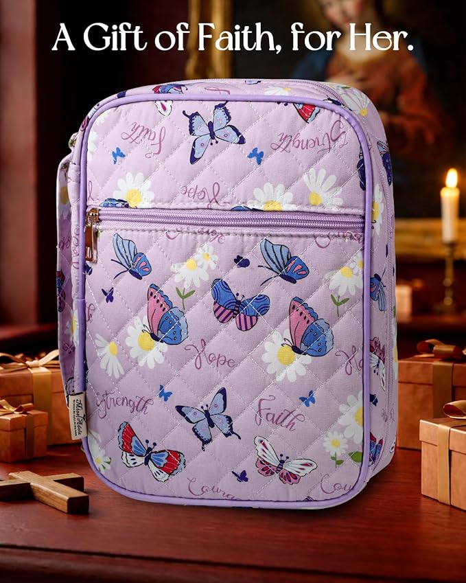 Miss Adola Bible Cover Case for Women - Quilted Bible Carrying Case Organizer Study Bag with Zipper Handle and Shoulder Strap Purple Butterflies Book Cover for Teen Girls