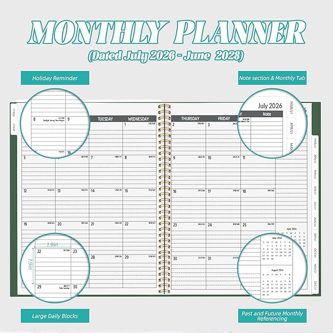2026-2028 Monthly Planner 2 Year Monthly Planner/Calendar 2026-2028, 24 Months Calendar Planner Jul 2026 – Jun 2028, 9" x 11", Tabs, Double-Side Pocket, Holidays, Thick Paper - Dark Green