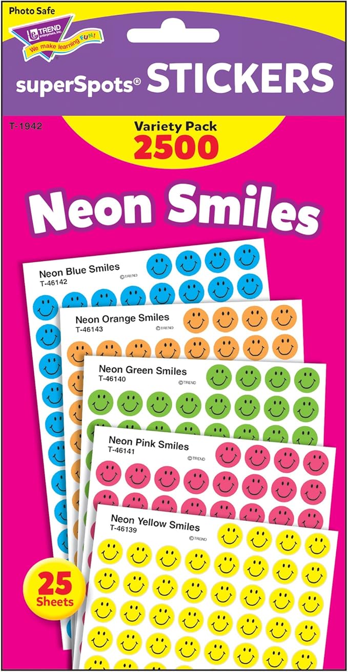 TREND ENTERPRISES: Neon Smiles, superSpots Stickers, Great on Homework, Incentives, Crafts and as Collectibles, 5 Different Designs, 25 Sheets Included, For Ages 3 and Up