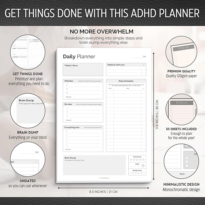 ADHD Daily Planner Notepad for Neurodivergent Adults - Productivity Daily Planner Desk Pad & Task Management to Stay Organized and Focused Note Pad (Mono, A4 Portrait)