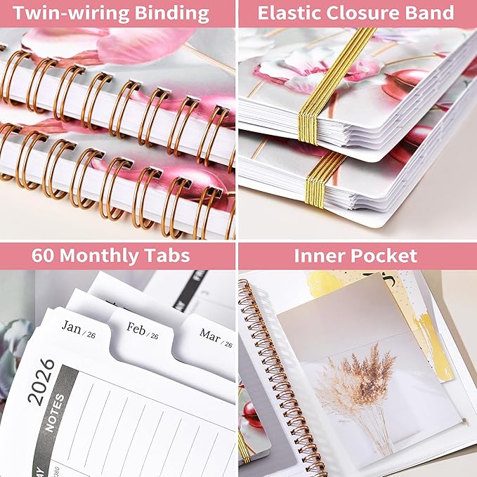 2026-2031 Monthly Planner - 5 Year Planner/Calendar, 5 Year Planner 2026-2031, Spiral Bound, Jul. 2026 - Jun. 2031, 6.4" x 8.5" Planners with Tabs, 60 Month Calendar, Two-Side Pocket - Pink Flower