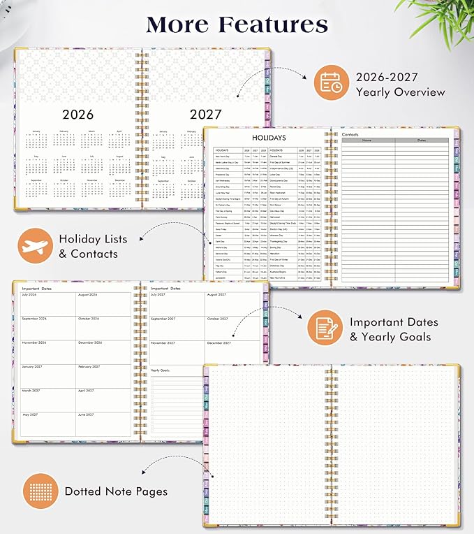 Academic Planner 2026-2027, 18 Months Weekly and Monthly Hardcover Planner, July 2026 - December 2027, 8.5" x 11" A4 Large Daily Calendar Planner Book with Tabs, Spiral College School Agenda Organizer for Student Teacher, Floral Purple
