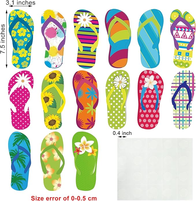 Tenare 60 Pieces Flip-Flop Accents Colorful Flip-Flop Cutouts Summer Bulletin Board Wall Decor Hawaiian Party Cutouts with Glue Point Dots for Classroom Party Decor