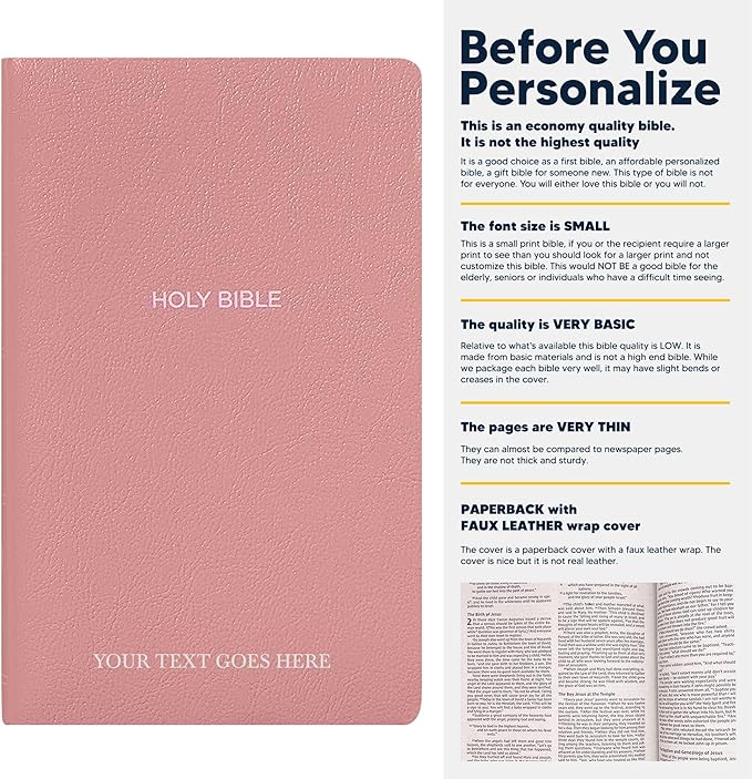 Personalized NKJV Bible Faux Leather Small Print Economy Bible with Custom Name at The Lower Right Side & Red-Highlighted Verses, Custom Gift for Christian & Religious Events | Pink