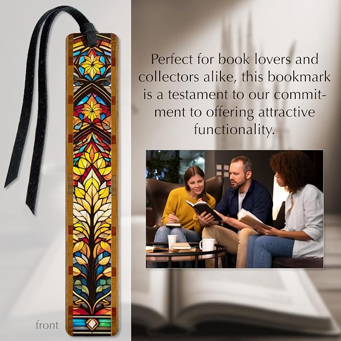 Double-Sided Stained Glass Floral Wooden Bookmark | Colorful Mosaic Botanical Design | Art Nouveau & Prairie Style Inspired Bookmark Gift for Readers | Handmade in the USA