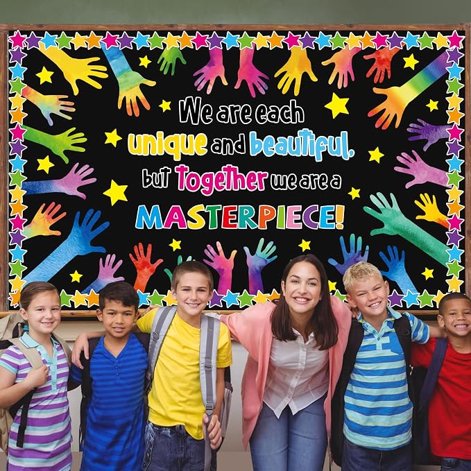 We are Each Unique Bulletin Board Set Summer Colorful Handprint Themed Classroom Decoration Back to School Bulletin Board Motivational Handprint Cutouts for Kindergarten School Chalkboard Wall Decor