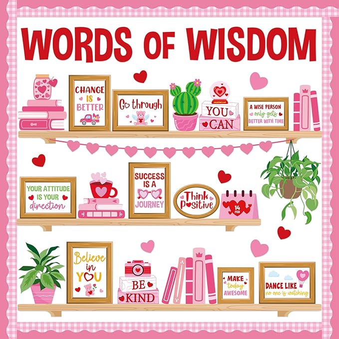 Valentine's Day Bulletin Board Set Reading Library Inspirational Bulletin Board Decoration Positive Plants Hearts Cutouts for Valentines School Library Office Home Classroom Wall Supplies