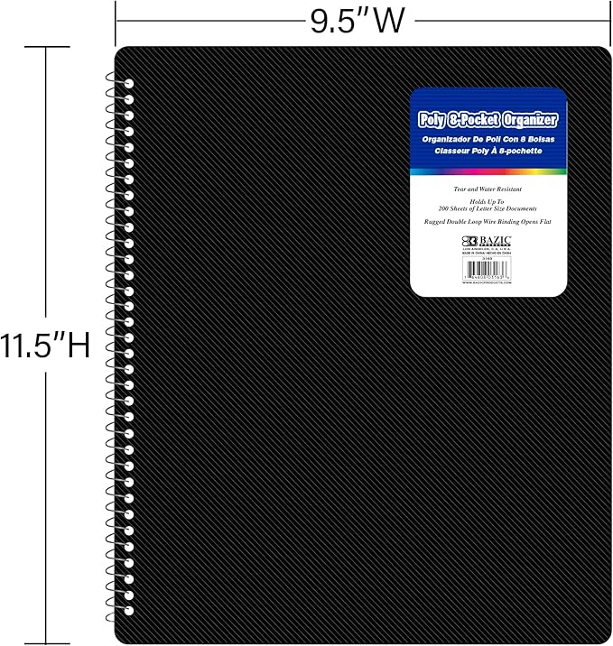BAZIC Products 8 Pockets Poly Folder Portfolio, Letter Size Plastic Folders Holder for Office Documents Paper Organizer, Assorted Color, 6-Pack