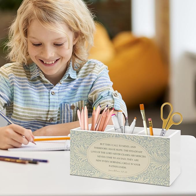 Christian Bible Verse Floral Pen Holder, Christian Gifts Office Pen Pencil Holder Organizer for Desk Accessories, Cottagecore Botanical Wooden Box Desk Decor for Home Office Desk Decorations