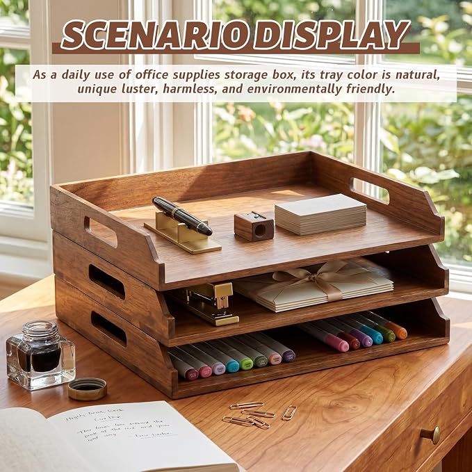 AceOrbit 3 Pcs Stackable Paper Tray Acacia Wood Desk Organizer Letter Tray 3 Tier Wooden File Organizer Desk Shelf for Documents, Letter Sorter, Envelopes and Magazine Holder