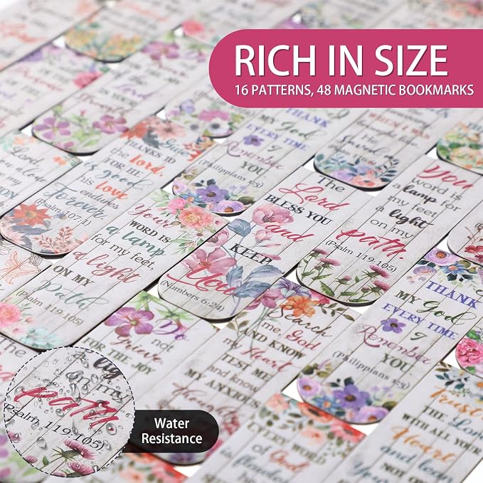 Zonon 48 Pcs Bible Verse Magnetic Christian Bookmarks, 0.8x4.7in Inspirational Scripture Book Marker for Women Men Mother Religious Motivational Flower Page Clips Book Lover Reading Gift(Floral Style)