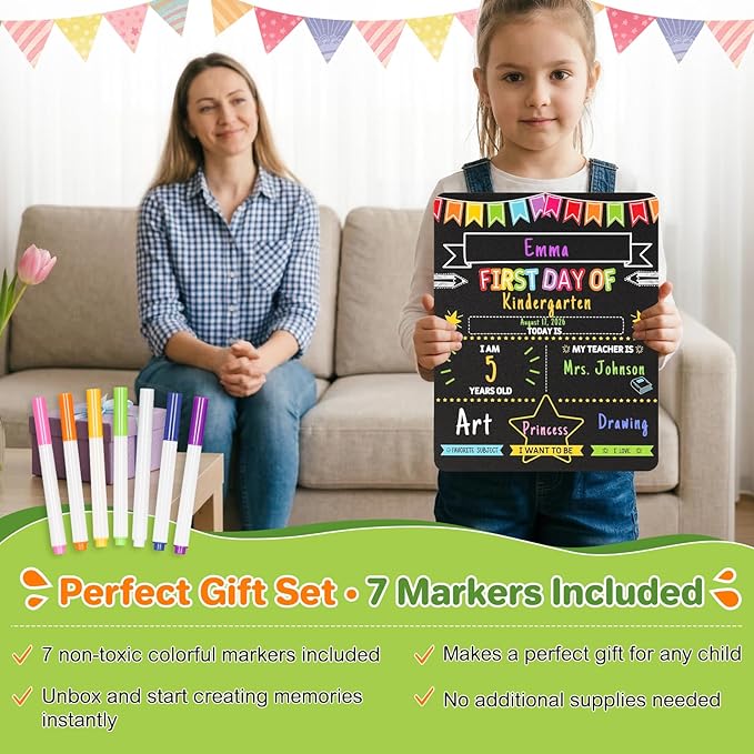 First and Last Day of School Sign - 11x14 Double-Sided Non-Glare Chalkboard with 7 Chalk Markers - Photo Prop Keepsake Gift for Kids Preschool Kindergarten 1st-12th Grade Back to School