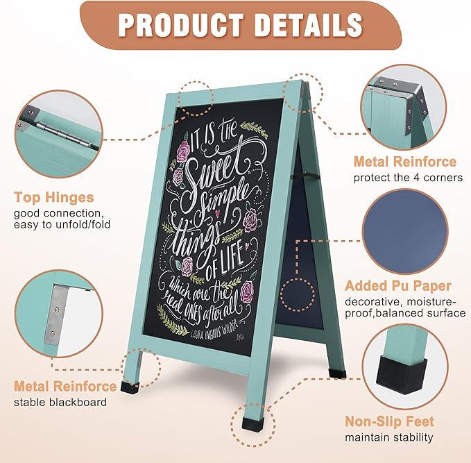 SELEAD Solid Wood A-Frame Chalkboard - 40" x 20" Magnetic Sandwich Board Signs Outdoor Standing Chalk Board Easel Sidewalk Pizarra for Business, Wedding, Garden - Green