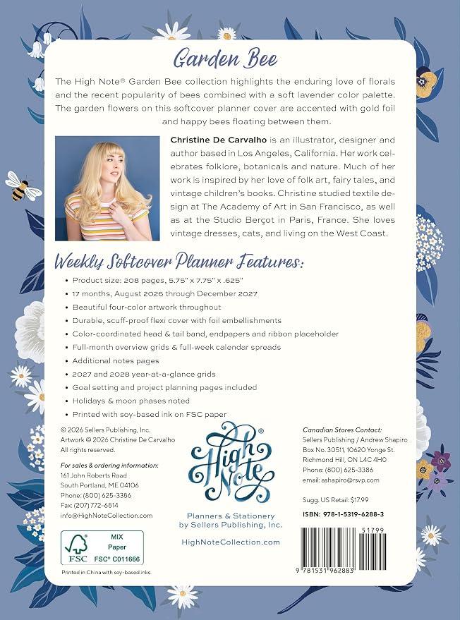 High Note 2027 Planner, 17-Month Weekly & Monthly Flexible Cover Calendar Book with Goal & Project Planning Pages, August 2026 – December 2027, 5.75" x 7.5", Garden Bee