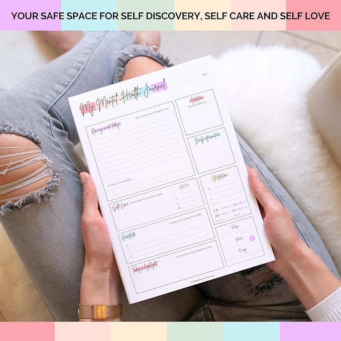 Mental Health Journal Planner | Daily Gratitude, Self Care, Intentions, Affirmations and Nutrition (Rainbow, A5)