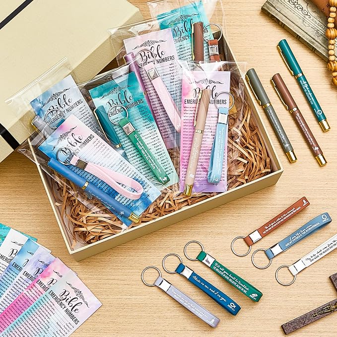 Feifeiya 25 Sets Father's Day Christian Church Gifts Bulk Bible Verse Plastic Gel Pen Religious Silicone Keychains Scripture Bookmarks for Men Women Empowerment Sunday Study Group Gifts(Colorful)