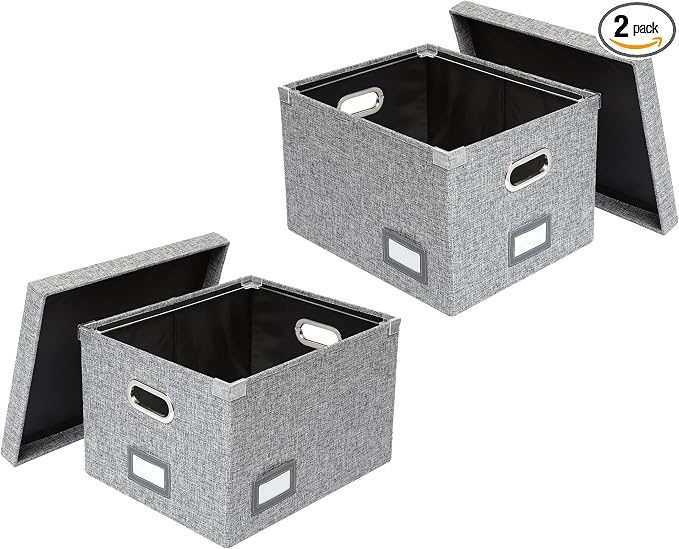 Pendaflex Collapsible File Box with Lid, Includes File Frame for Letter and Legal Hanging File Folders, Metal Handles, Labels, Heather Gray, 2 Count (41790)