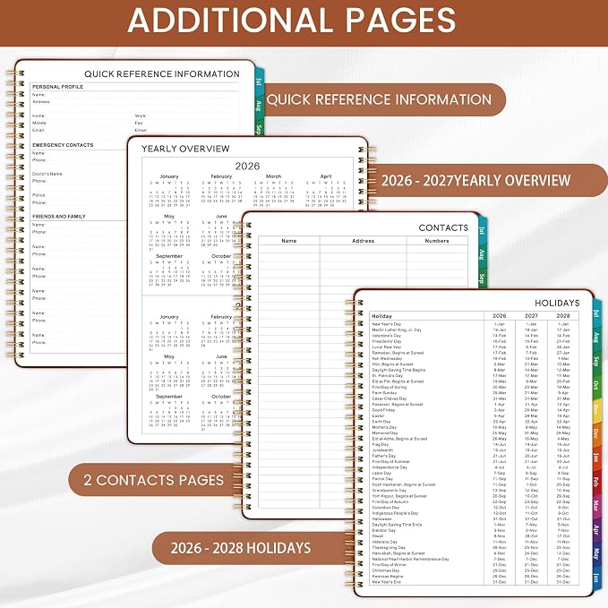 Planner 2026-2027 - July 2026 - June 2027, 2026-2027 Academic Weekly Monthly Planner, 8" x 10", Leather Brown Cover, Spiral Bound, Tabs
