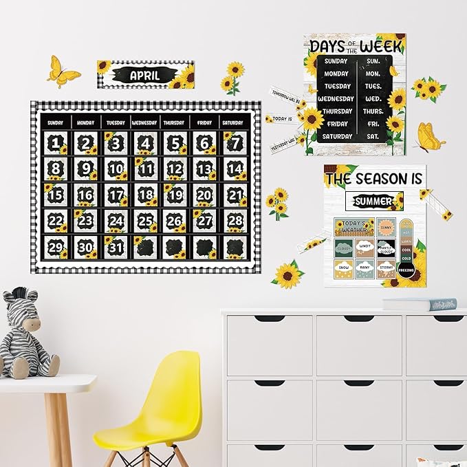 Sunflower Calendar Bulletin Board Set for Classroom Decoration Sunflower Calendar Seasons Weather Chart Summer Flower CTP Bulletin Board Paper-Cuts for Teachers Elementary School Classroom