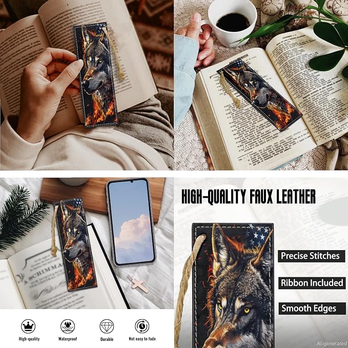 Lotusorchid Wolf Print Bible Carrying Case with 2 Book Marks, American Flag Leather Bible Cover for Women, Large Bible Case for Girls, Black, Size L