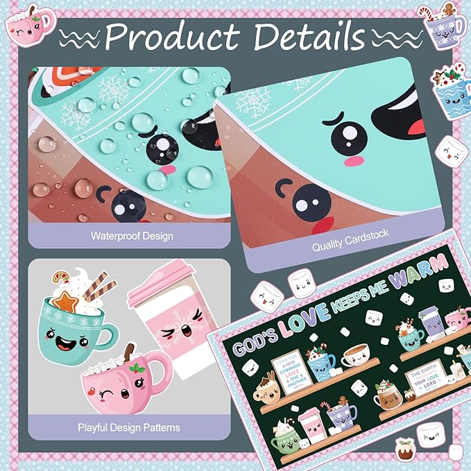 Religious Winter Bulletin Board Set God's Love Keeps Me Warm Classroom Decorations Christian Coffee Hot Cocoa Marshmallow Paper Cutouts for Door Wall Church Home Winter Holiday Supplies