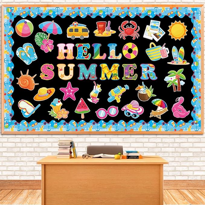 71 Pcs Hello Summer Bulletin Board Set Hawaiian Beach Slippers Sun DIY Borders Bulletin Trim Home School Hawaiian Tropical Party Supplies for Back to School Classroom Chalkboard Wall Door Decor
