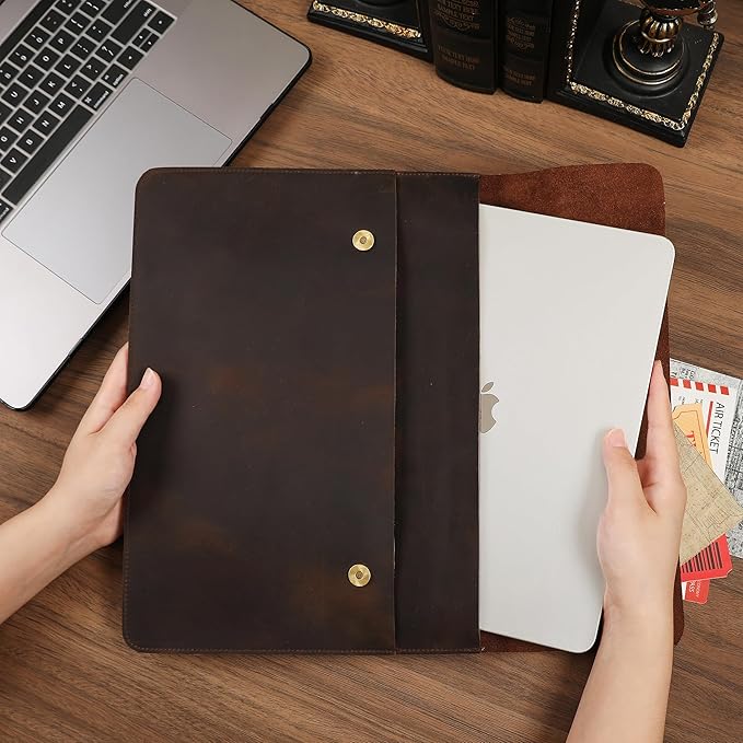 Leather Tablet Sleeve for 11/12.9/13 Inch iPad Pro, Document Holder Folio File Holder, Genuine Leather Sleeve iPad Case for Protection and Style-Dark Khaki-Custom
