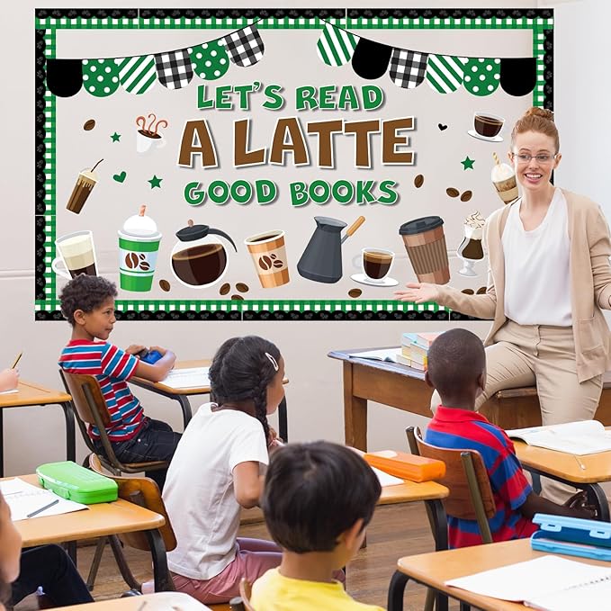 QOUBAI Coffee Bulletin Board Set Coffee Cup Classroom Decoration Latte Paper Cutouts Green Coffeehouse Crafts Teacher's Helper Charts for Back to School Nursery Chalkboard Reading Decor Wall Door