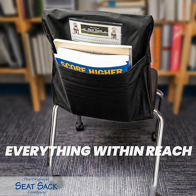 Seat Sack Student Chair Storage Pocket - 17", Single Pocket, Classroom Chair Organizer for Student Desks, Durable Over-the-Chair Storage, Black, 25-Pack
