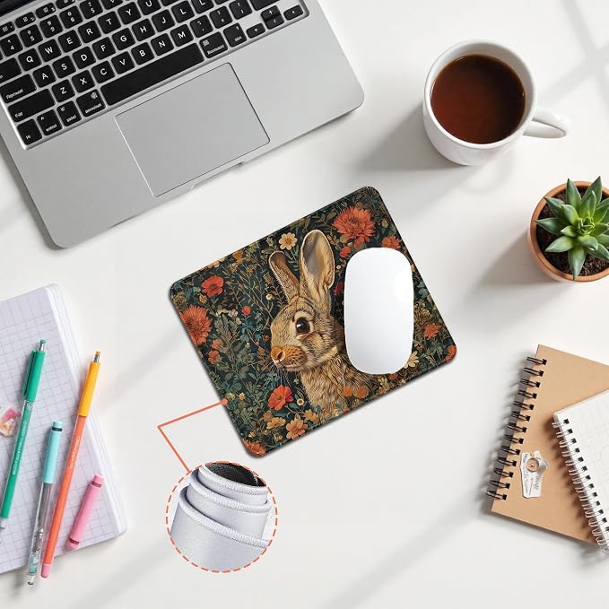 Vintage Floral Bunny Mouse Pad, Gifts for Bunny Rabbit Lovers, Dark Cottagecore Moody Flower Rabbit Mouse Pad for Home Office Computer Gaming Desk Essentials, 9.5x7.9 Inch